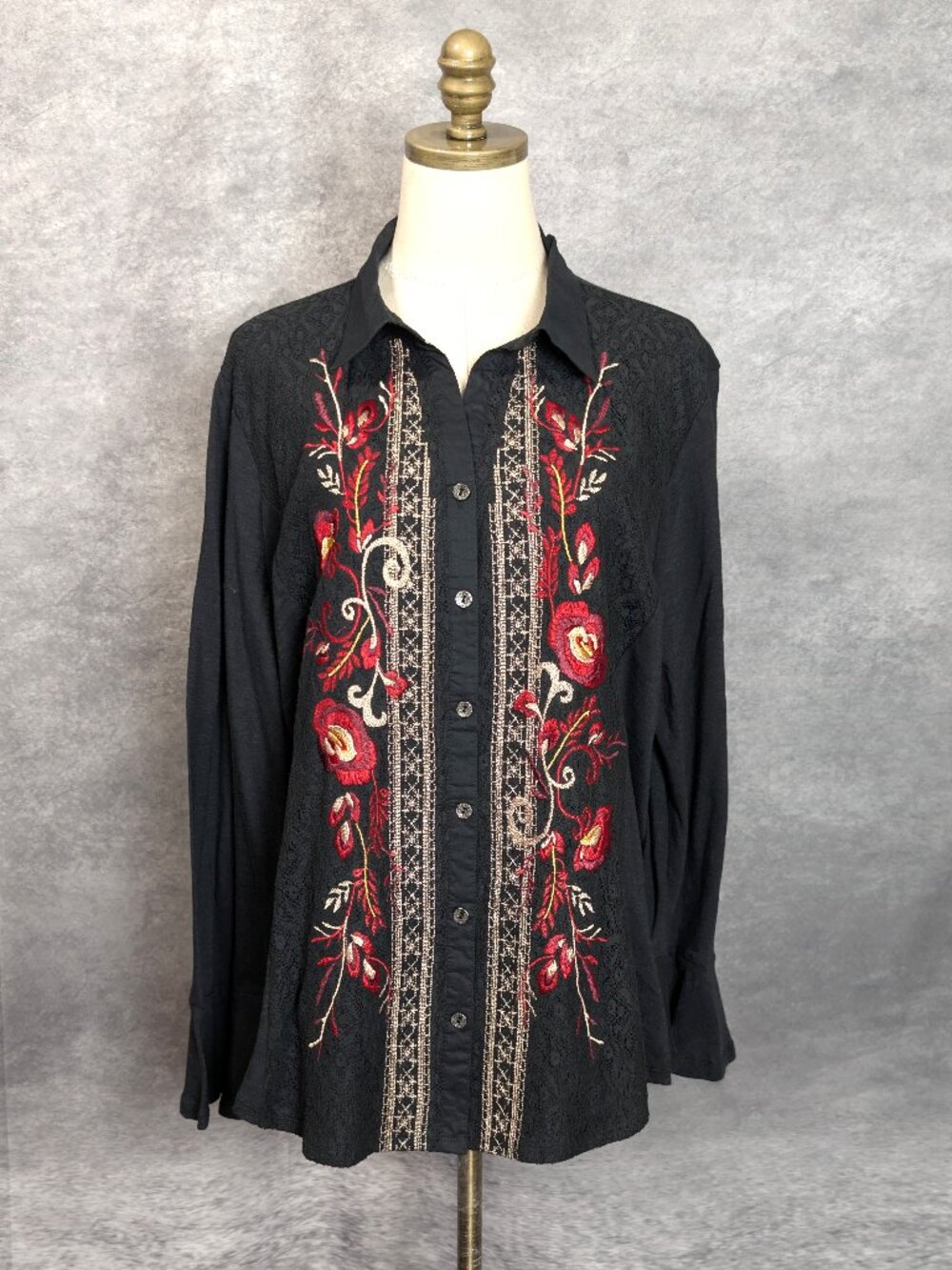 REBA McEntire Black Embroidered Western Blouse Shirt XL Boho Cowgirl Festival